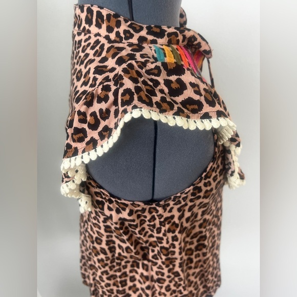 THML Boho Leopard Print Embroidered Tassel Top Sz S Ruffle Sleeve Festival Chic - Picture 10 of 16